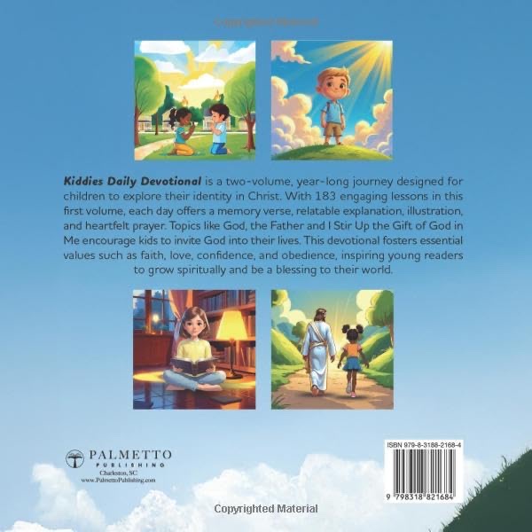 Back cover of Kiddies Daily Devotional Volume 1 showing four interior illustrations and the book description