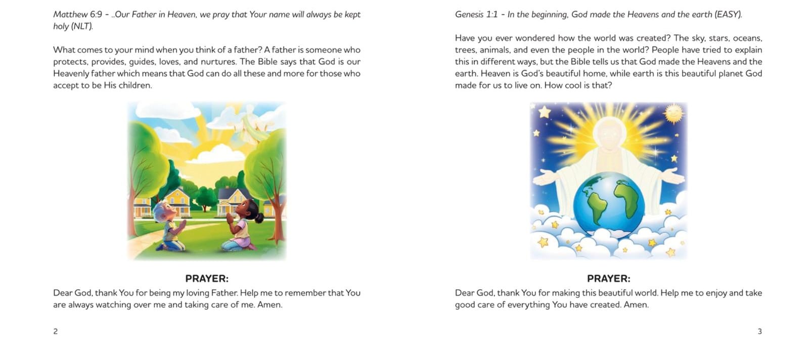 Pages 2 and 3 of Kiddies Daily Devotional Volume 1: devotionals on Matthew 6:9 and Genesis 1:1, each with a short reading, an illustration of children praying or of God holding the earth, and a prayer